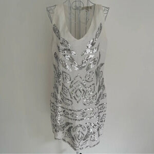 Boston proper linen blend silver sequined short dress sleeveless white size 4
